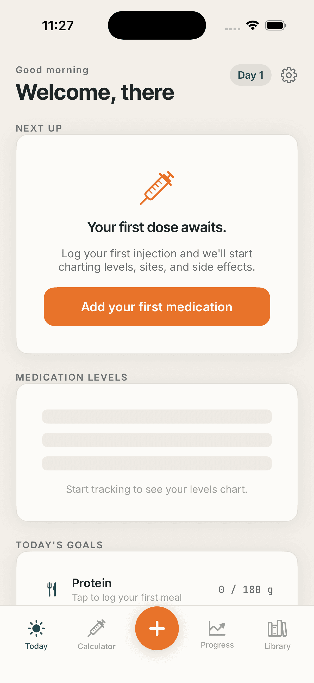 PeptidePilot Today screen — welcome view with next dose card, medication levels, and today's goals.
